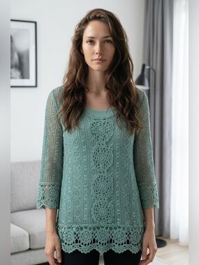 Lisa International Seafoam Green Crochet Overlay Tunic with Shell